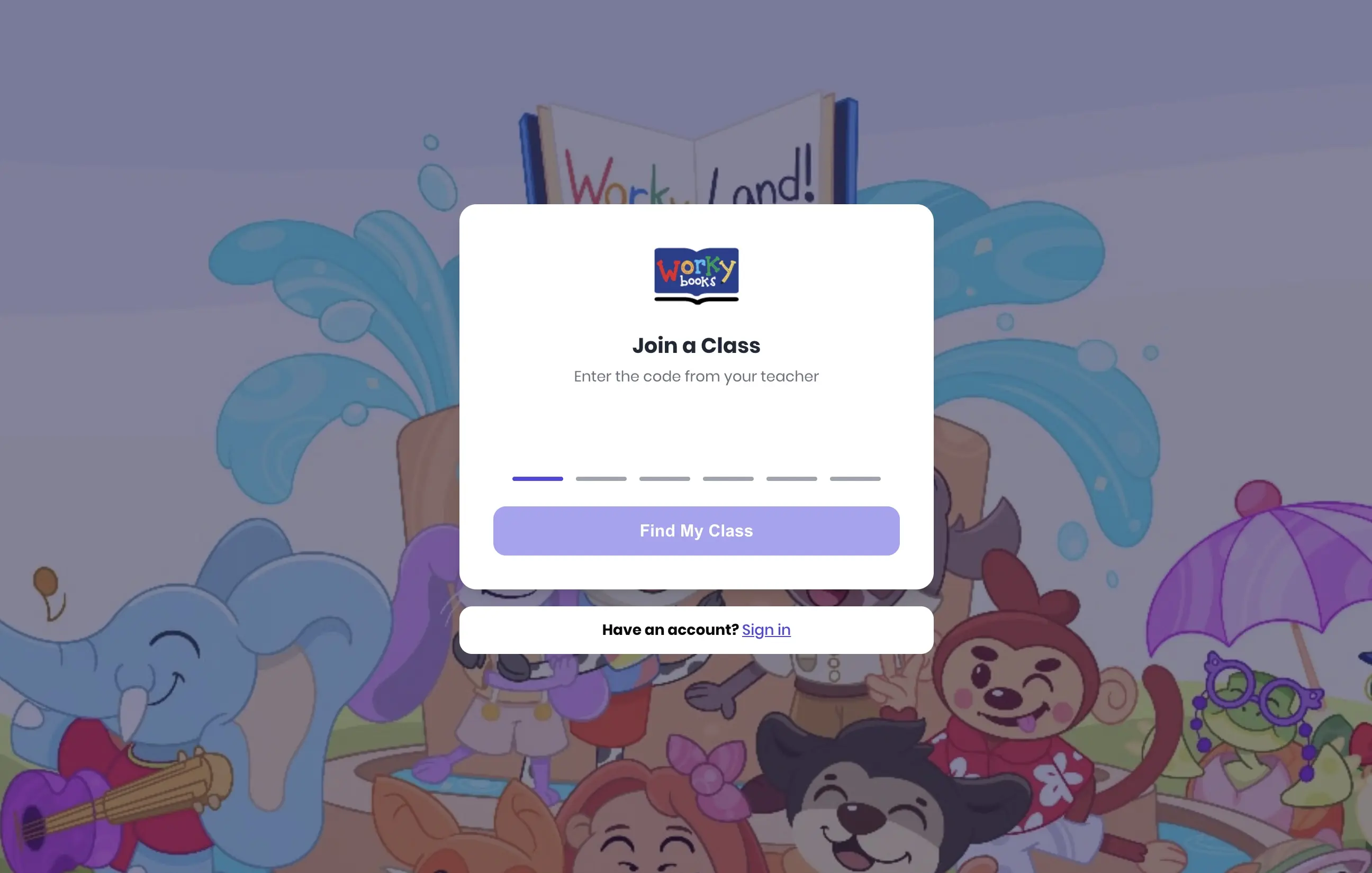 The Workybooks student app — what students see after joining with a code