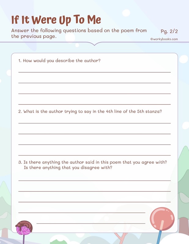 Poem with comprehension questions  for kids CCSS.ELA-LITERACY.RL.3.5 worksheet - If It Were Up To Me worksheet