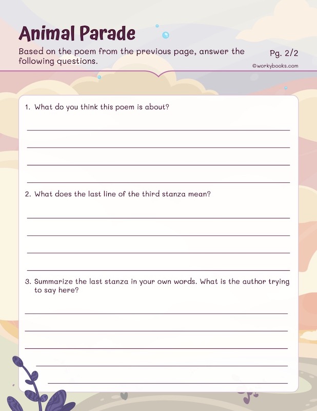 Poem with comprehension questions  Animal Parade for kids CCSS.ELA-LITERACY.RL.3.5 worksheet - animal parade worksheet