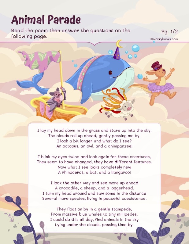 Poem on Animal Parade for kids CCSS.ELA-LITERACY.RL.3.5 worksheet - animal parade worksheet