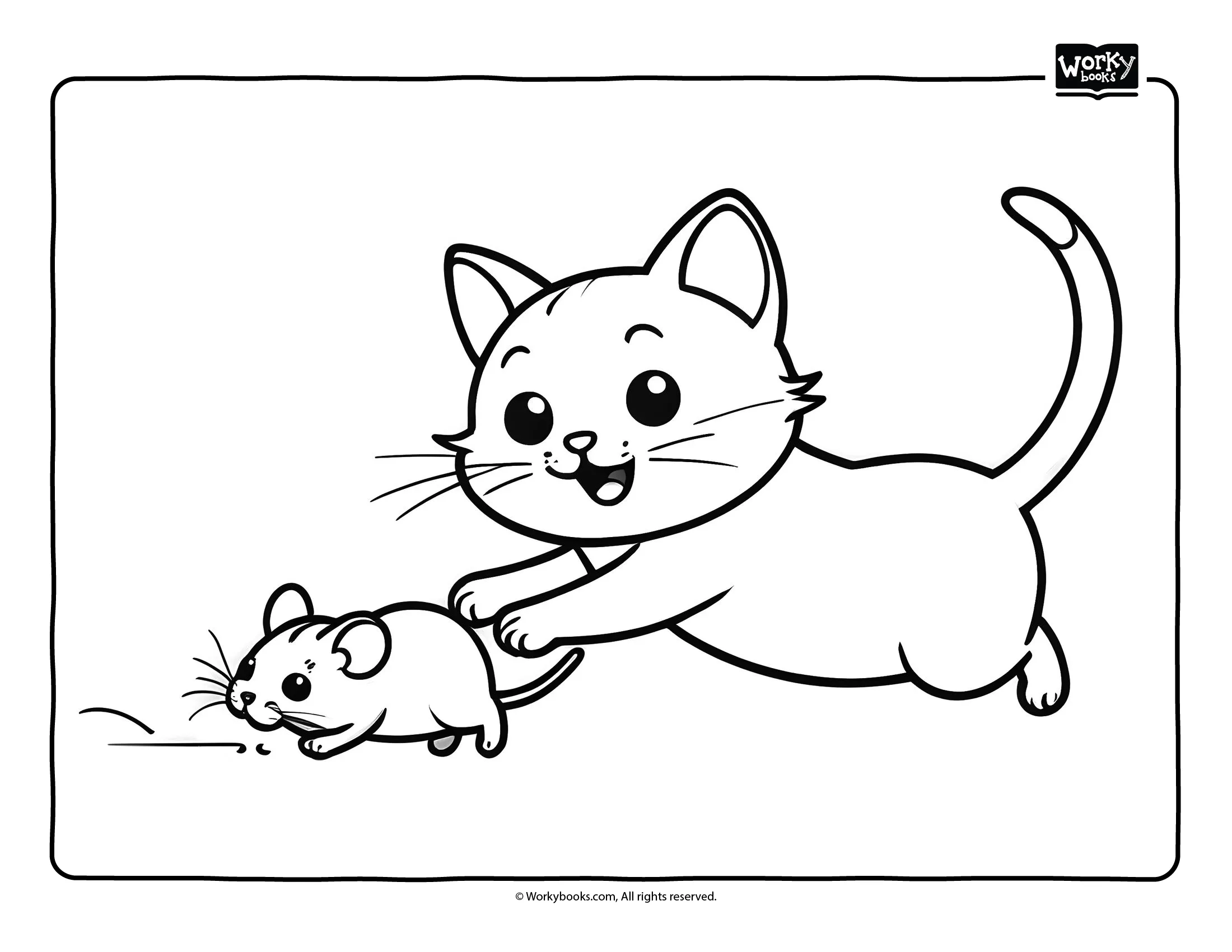 cute cat running after mouse coloring page 
