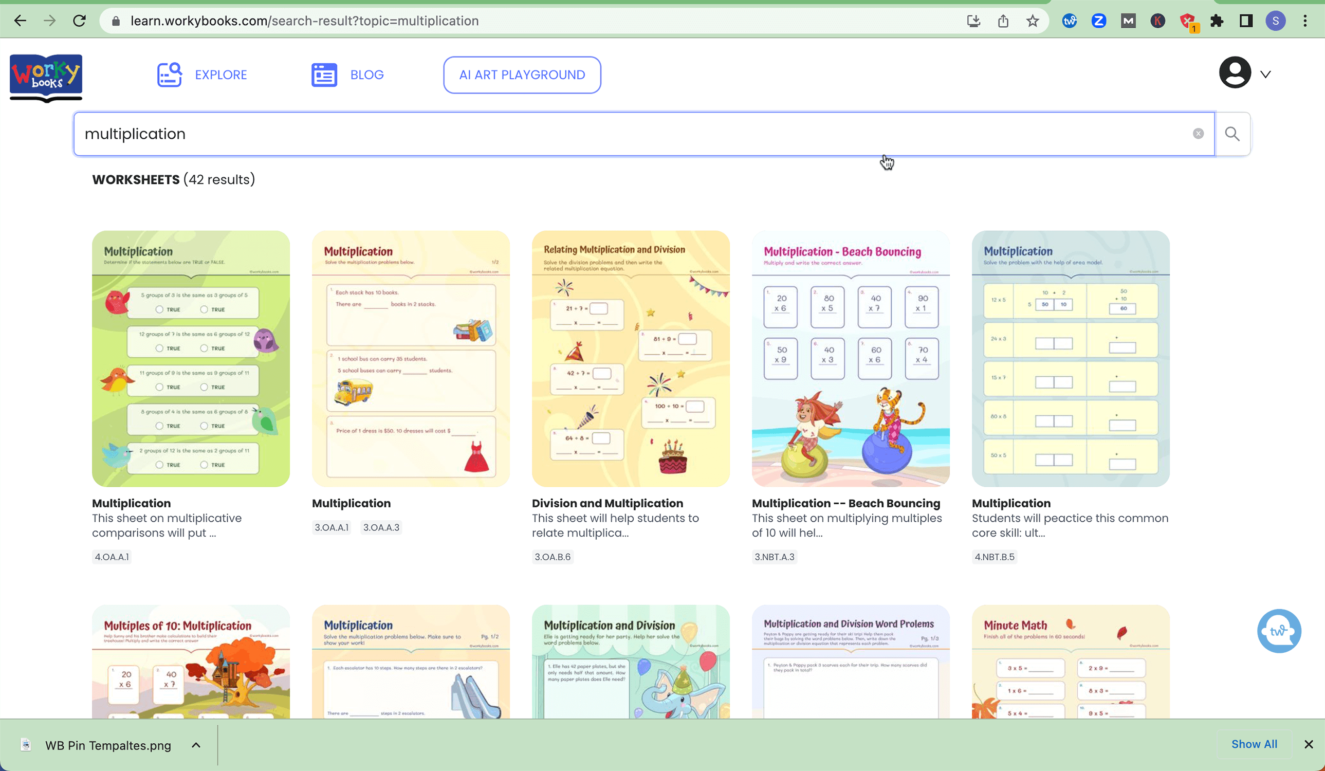 Multiplication worksheets from Workbook library