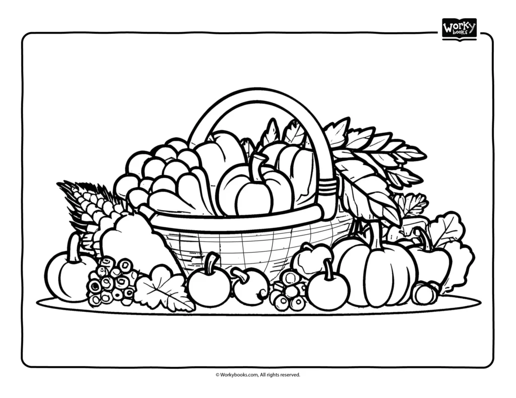 Bountiful cornucopia overflowing with corn and flowers coloring page