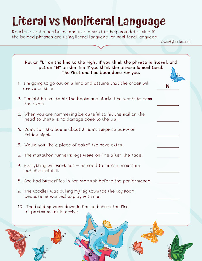 Literal vs Nonliteral Language Worksheet