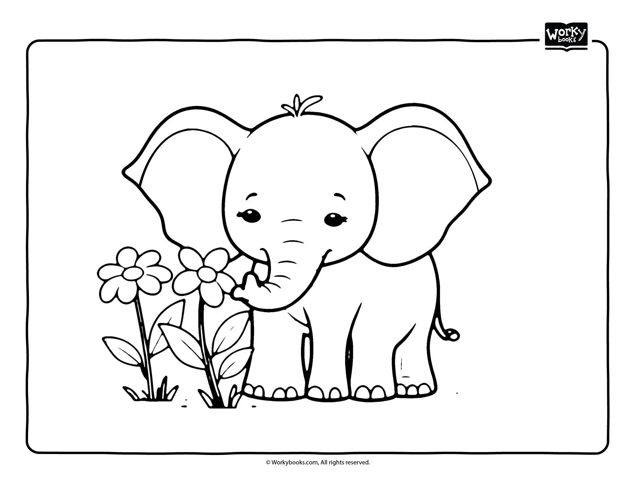 Elephant Smelling Flowers Gentle Coloring Page