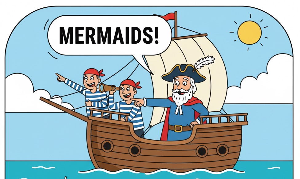 Christopher Columbus spotting mythical mermaids