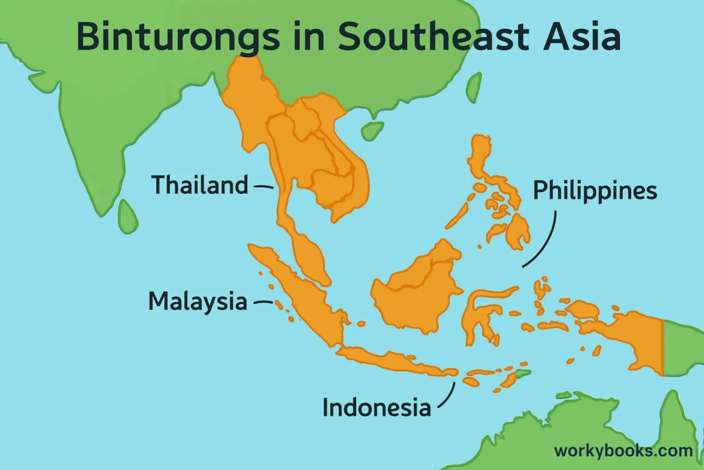 Binturong habitat range in Southeast Asia