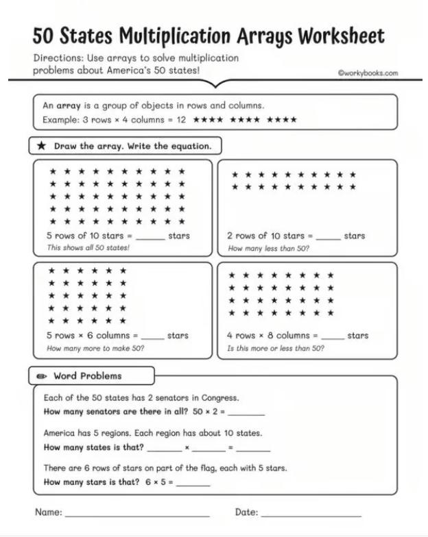 No prep America 250 math activities- for array counting