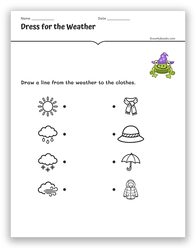Dress for the Weather matching worksheet — connect weather to clothing, K-2 printable