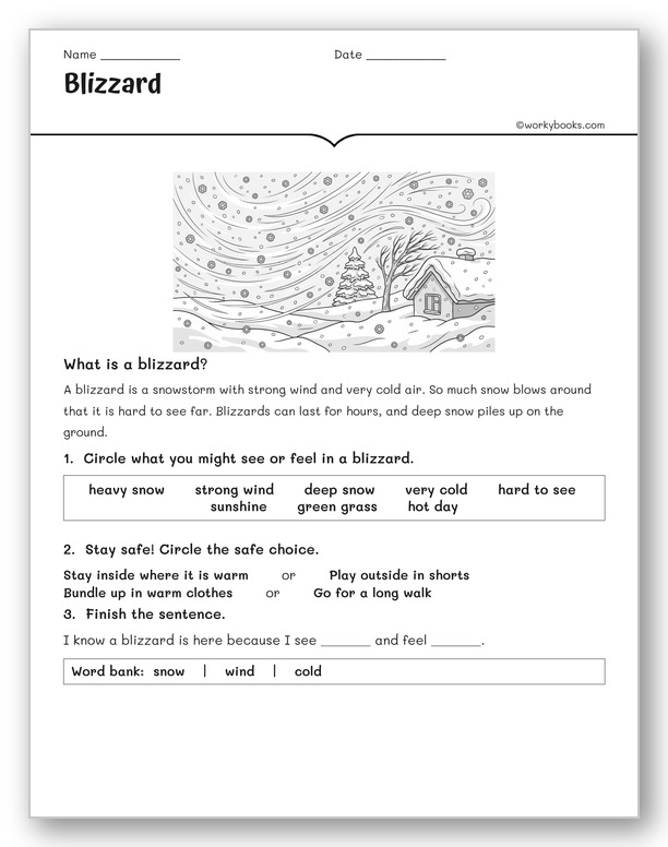 Blizzard worksheet for 2nd grade showing a snowstorm with blowing snow and wind — winter severe weather clues and blizzard safety