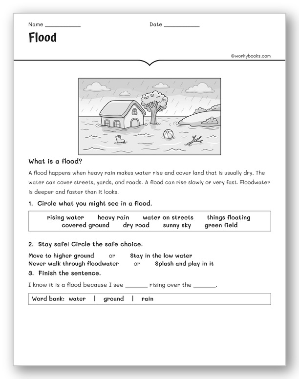 Flood worksheet for 2nd grade showing rising water covering the land — severe weather clues and flood safety
