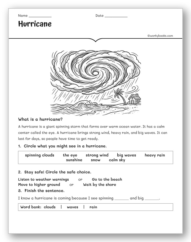 Hurricane worksheet for 2nd grade with a simple hurricane diagram showing the eye and spiral bands — severe weather clues and hurricane safety