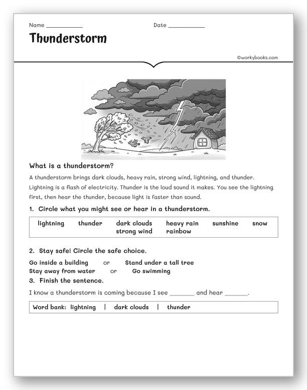 Thunderstorm worksheet for 2nd grade with a thunderstorm diagram for kids showing dark clouds, rain, and lightning — severe weather and lightning and thunder safety