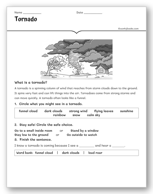 Tornado worksheet for 2nd grade with a simple tornado diagram for kids showing a funnel cloud — severe weather clues and tornado safety