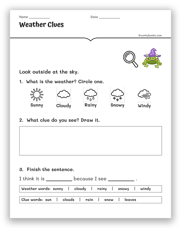 Weather Clues claim-evidence-reasoning worksheet with a because sentence frame for K-2