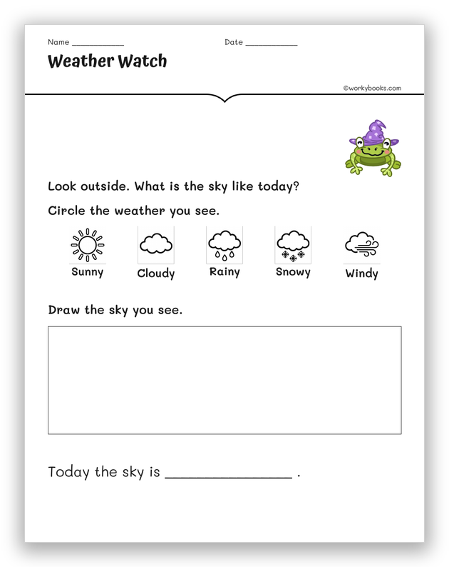 Weather Watch worksheet for kindergarten — observe and record the weather each day