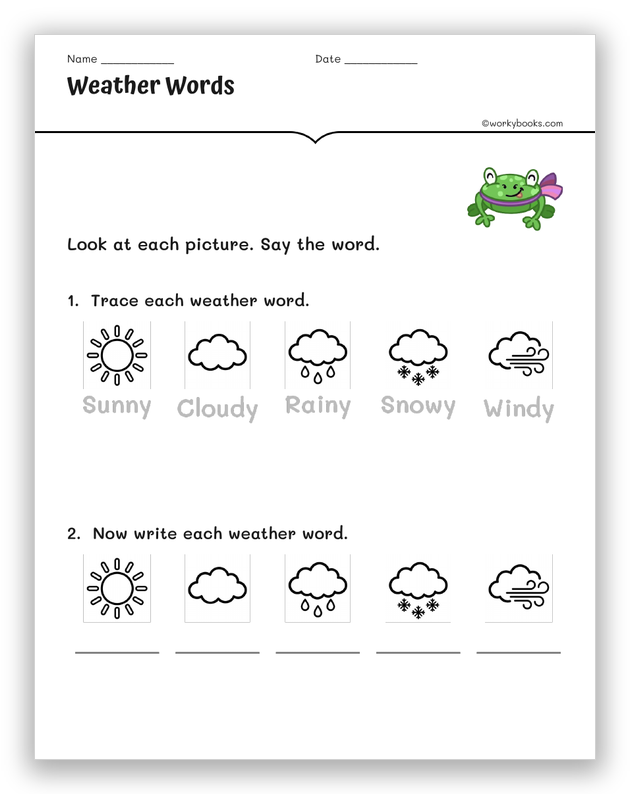 Weather Words printable worksheet for K-2 — trace and write weather vocabulary