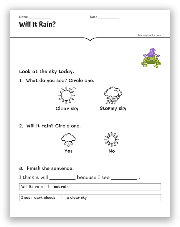 Will It Rain weather prediction worksheet for grade 1 — NGSS K-ESS3-2