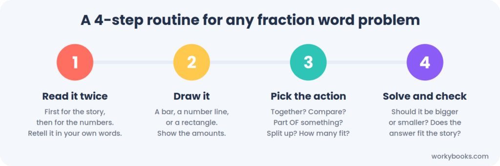A 4-step routine for solving fraction word problems: read it twice, draw it, pick the action, solve and check