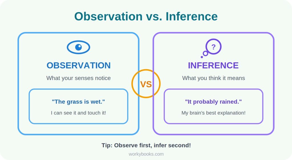 Observation vs inference infographic for students comparing what you notice with what you think it means