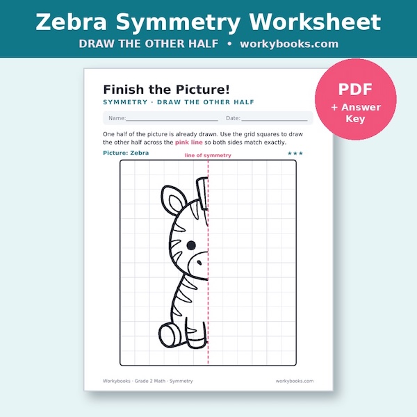 This zebra symmetry worksheet turns the classic draw-the-other-half task into a calm, confidence-building activity.
