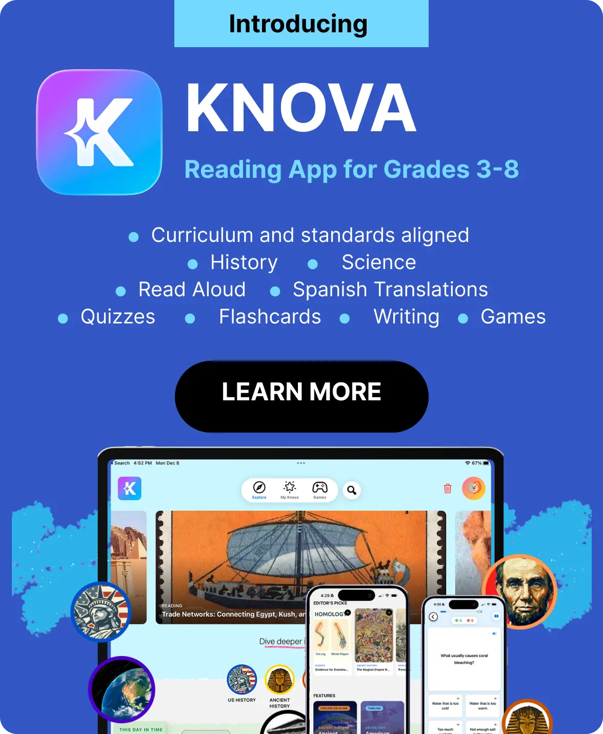 KNOVA - A free reading app with curriculum-aligned passages on History & Science