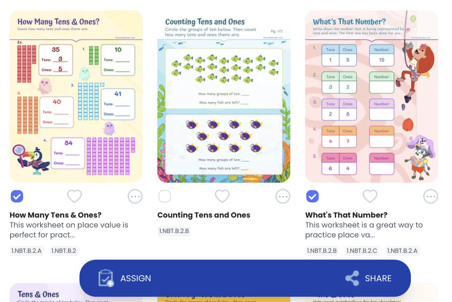 Create assignments interface showing curriculum-aligned worksheet selection