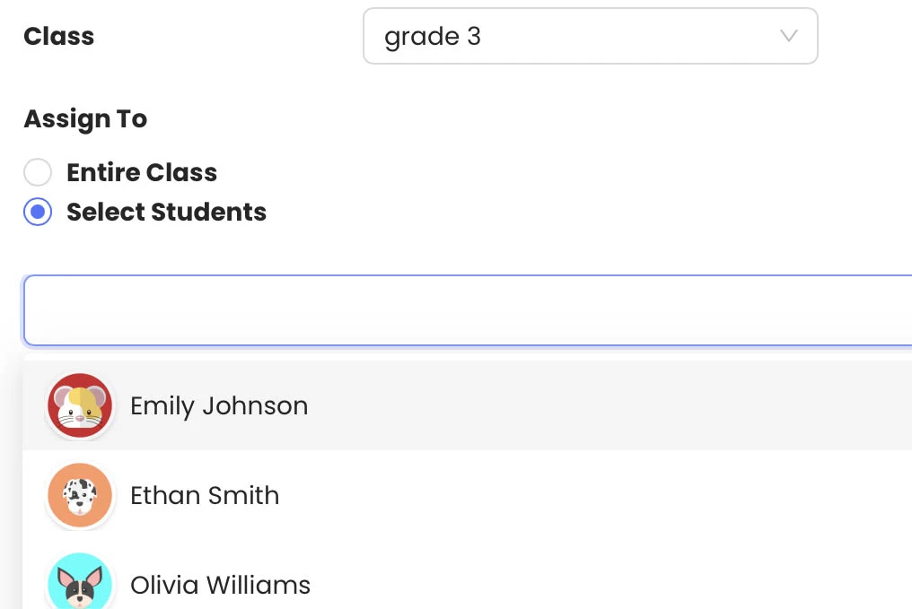 Differentiated assignment interface showing individual and class-wide student assignment options