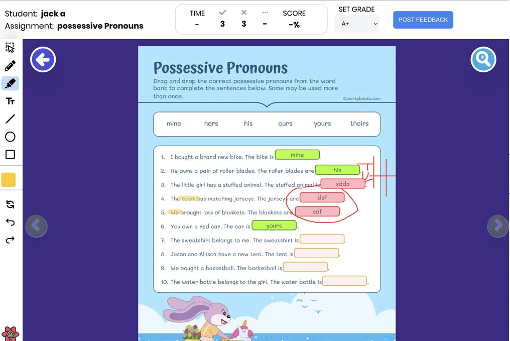 Assignment review interface showing completed work with markup and feedback tools