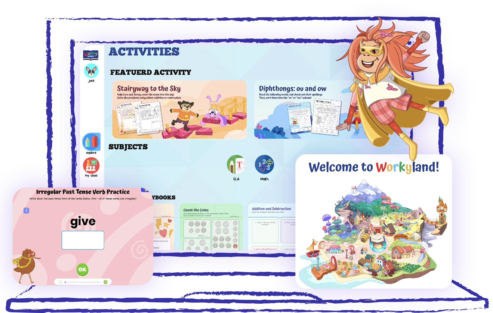 Student application interface featuring interactive worksheets, games, and engaging educational content